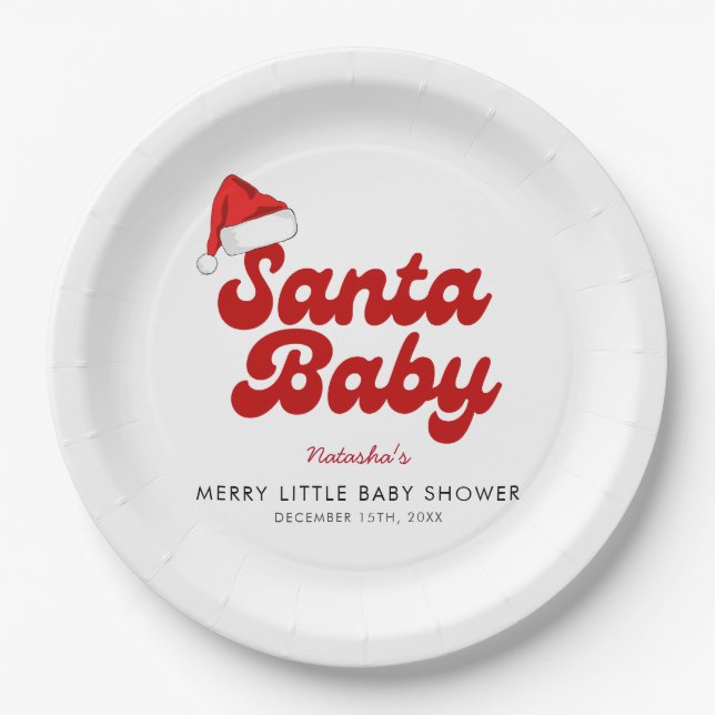 Santa Baby Merry Little Christmas Baby Shower  Paper Plate (Front)