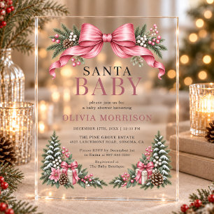 Santa Baby Pink Bow Baby Shower Acrylic Invitations