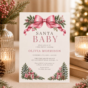 Santa Baby Pink Bow Baby Shower Invitation
