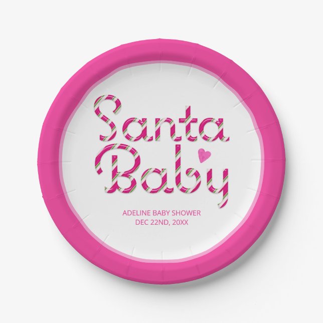 Santa Baby Pink Christmas Baby Shower Paper Plates (Front)