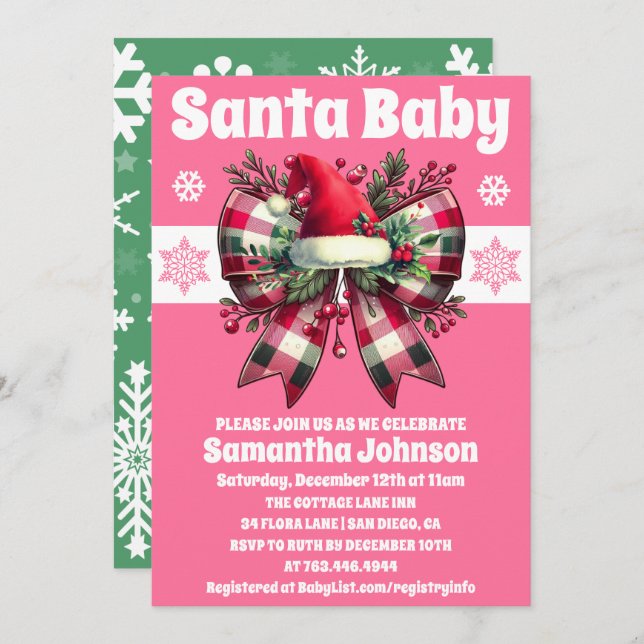 Santa Baby Pink Christmas Coquette Bow Baby Shower Invitation (Front/Back)