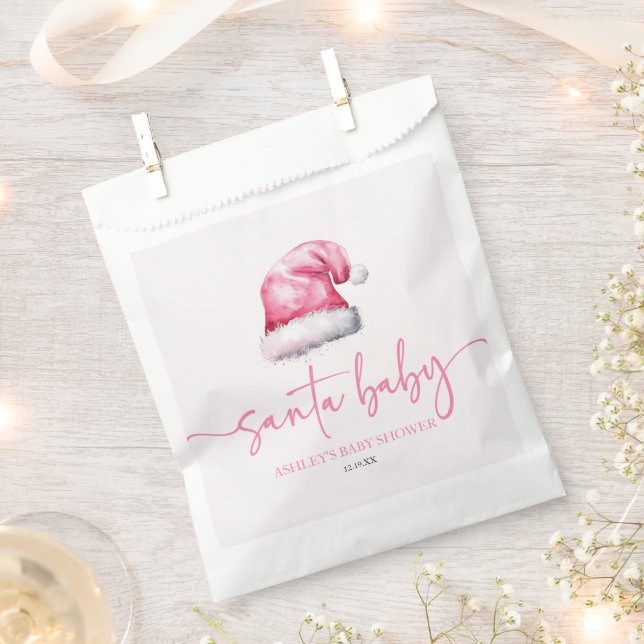 Santa Baby Pink Hat Christmas Holiday Baby Shower Favour Bags (Clipped)