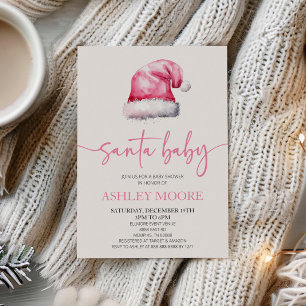 Santa Baby Pink Hat Christmas Holiday Baby Shower Invitation