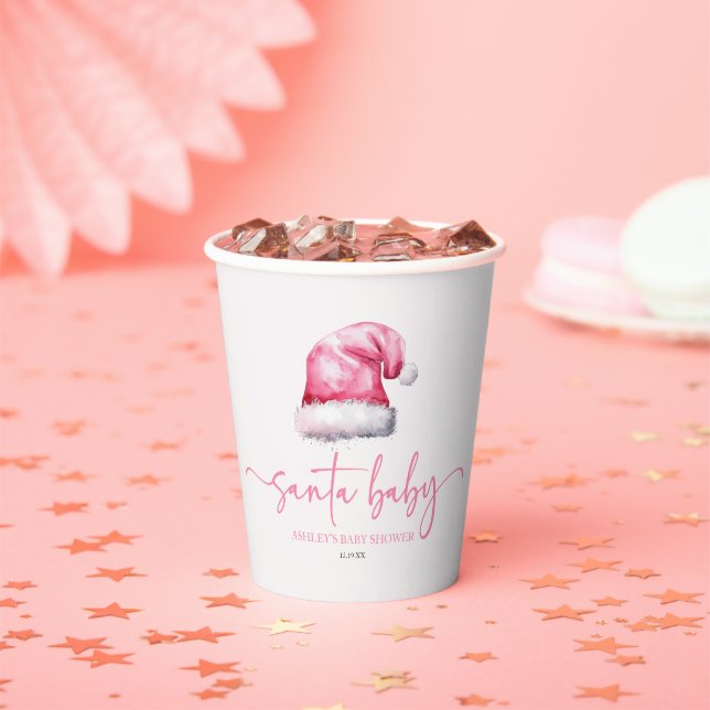 Santa Baby Pink Hat Christmas Holiday Baby Shower Paper Cups (Insitu)