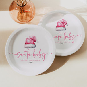 Santa Baby Pink Hat Christmas Holiday Baby Shower Paper Plate