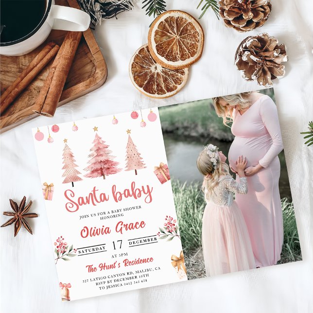 Santa Baby Pink Winter Tree Christmas Baby Shower  Invitation (Creator Uploaded)