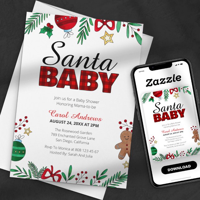 Santa Baby Plaid Botanical Christmas Baby Shower Invitation (Creator Uploaded)