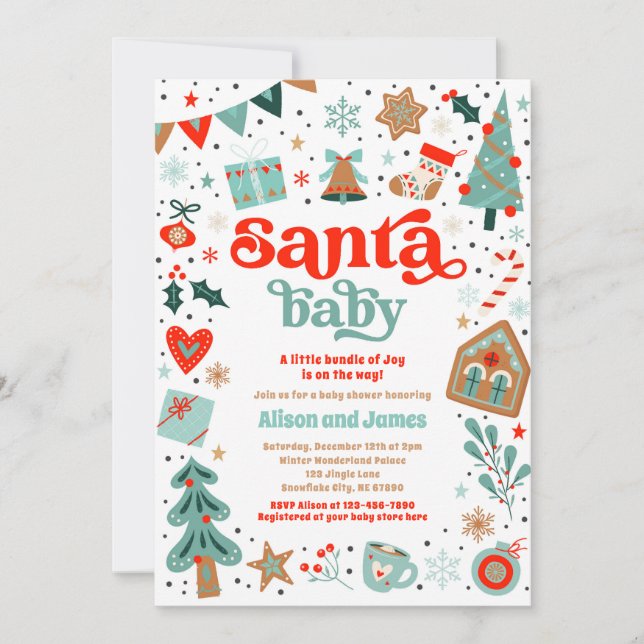 Santa Baby Red And Blue Christmas Baby Shower Invitation (Front)