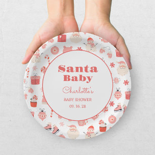 Santa Baby Red and Pink Christmas Baby Shower Paper Plate