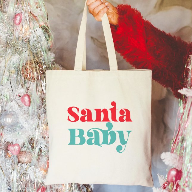 Santa Baby Red and Teal Christmas Retro Minimalist Tote Bag (Creator Uploaded)