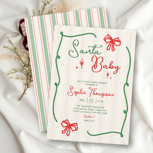 Santa Baby Red Bows Doodle Christmas Baby Shower Invitation
