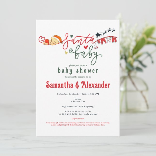 Santa Baby Script Winter Christmas Baby Shower Invitation (Standing Front)