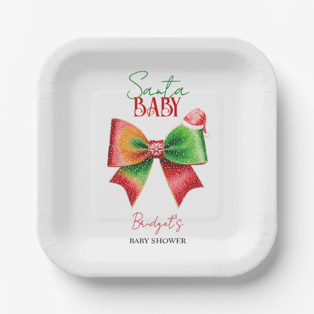 Santa Baby shower bow and Santa hat Christmas Paper Plate (Front)