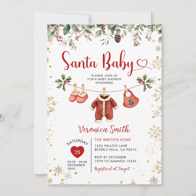 Santa Baby Shower Clothesline Christmas Floral Invitation (Front)