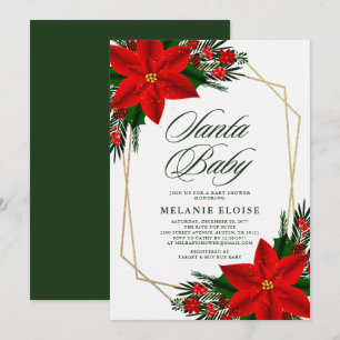 Santa Baby Shower Poinsettia Greenery Christmas Invitation