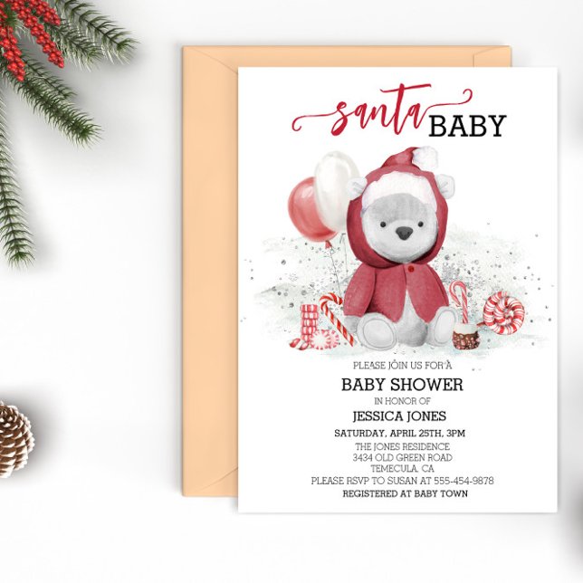 Santa Baby Shower Polar Teddy Bear Cub Watercolor Invitation (Creator Uploaded)