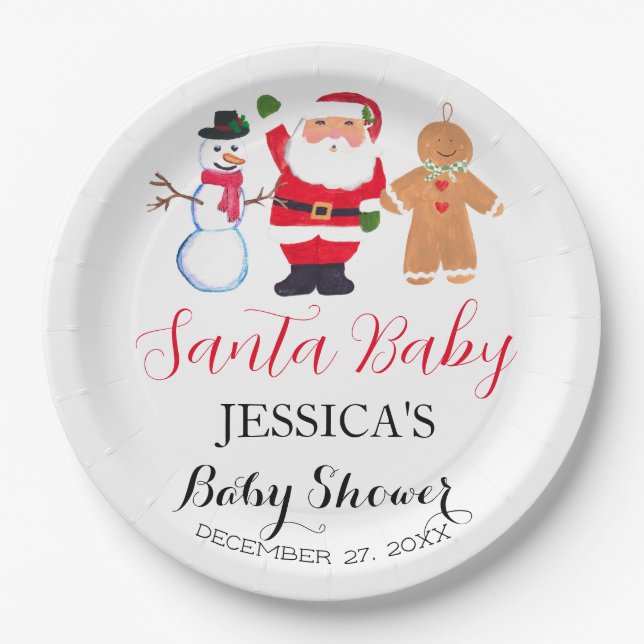 Santa Baby Shower Red Cute simple Winter Snowy Paper Plate (Front)