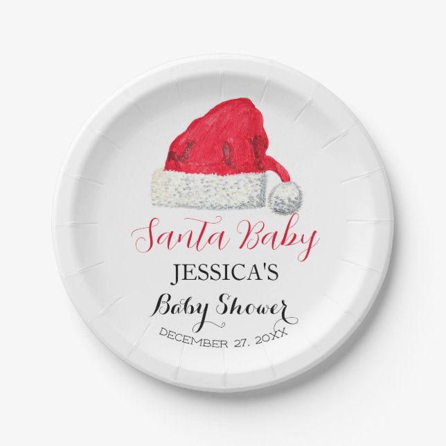 Santa Baby Shower Red Cute simple Winter Snowy Paper Plate (Front)