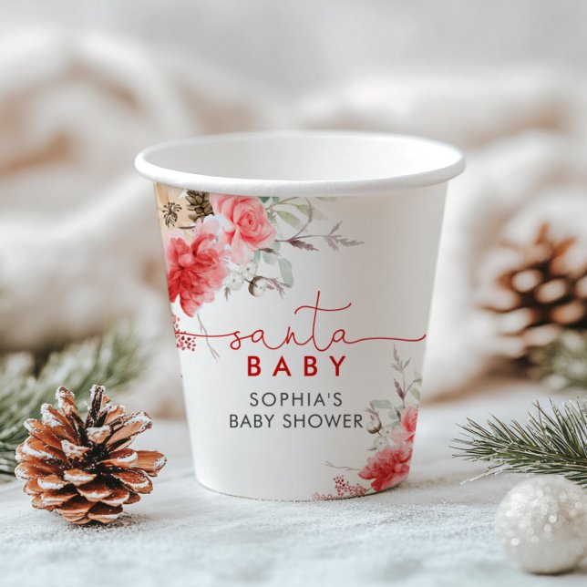 Santa Baby Shower Red & Pink Flowers Paper Cups (Creator Uploaded)