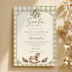 Santa Baby Shower Sage Gingham Invitation