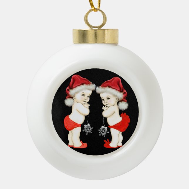 Santa Baby Twin Baby Christmas Ceramic Ball Christmas Ornament (Front)