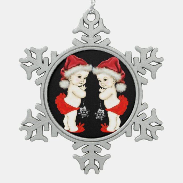 Santa Baby Twin Baby Girl Christmas Snowflake Pewter Christmas Ornament (Front)