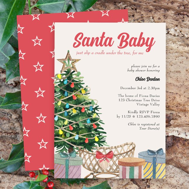Santa Baby Vintage Christmas Baby Shower Invitatio Invitation (Santa Baby baby shower invitation for the holiday season with crib under the christmas tree)