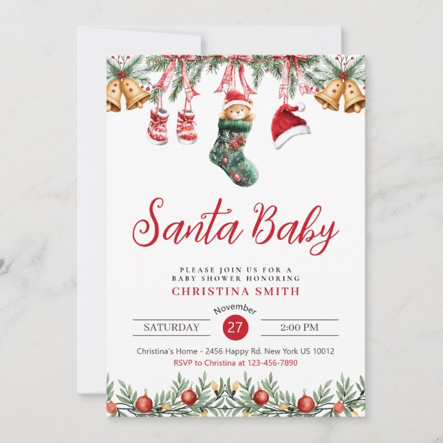 Santa Baby Watercolor Red Christmas Baby Shower Invitation (Front)