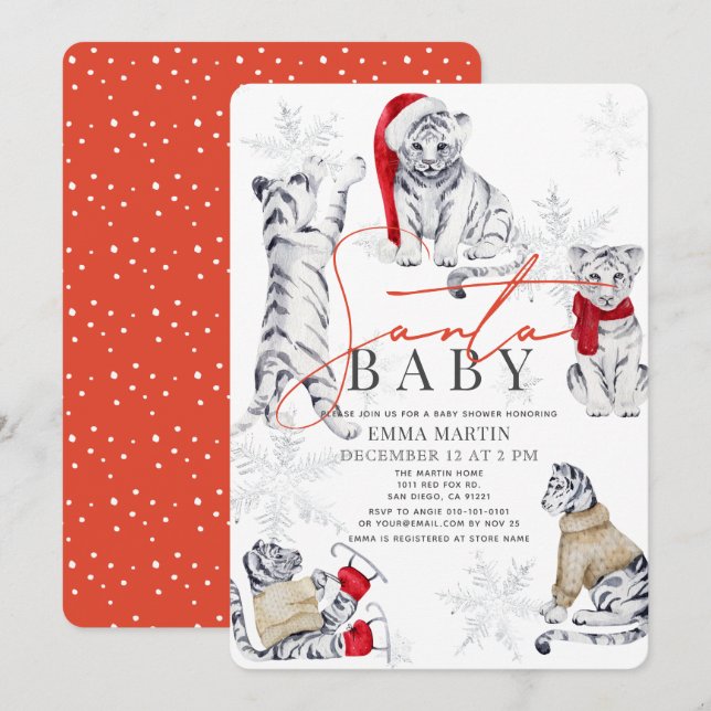 Santa Baby White Tiger Snowflakes Baby Shower Invitation (Front/Back)