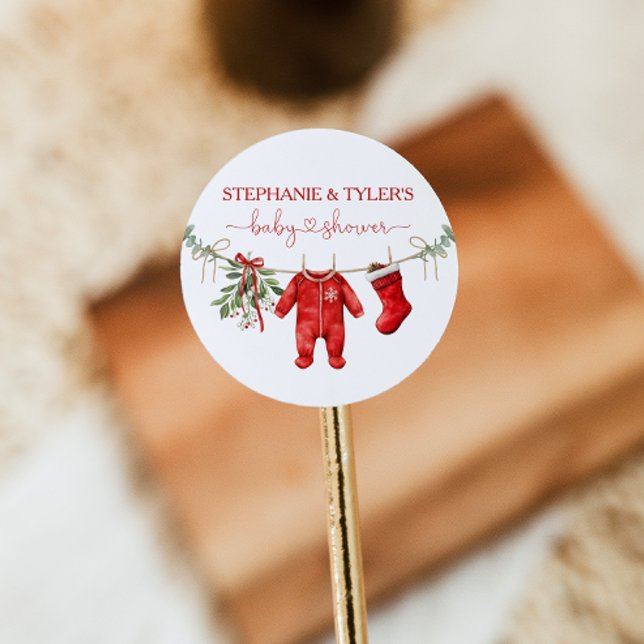 Santa Baby Winter Christmas Baby Shower Classic Round Sticker (Creator Uploaded)