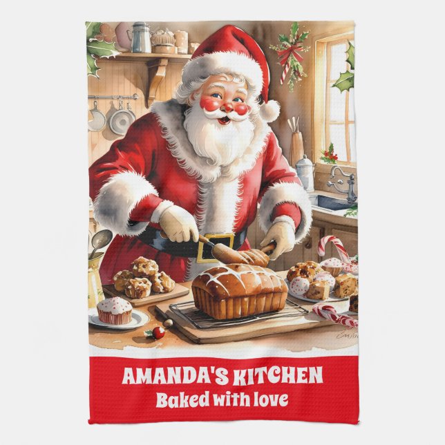 Santa Baking Christmas Bread Personalised Holiday Tea Towel (Vertical)