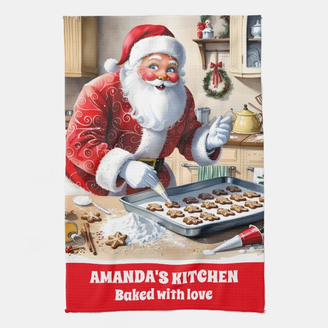 Santa Baking Gingerbread Cookies Custom Christmas Tea Towel (Vertical)