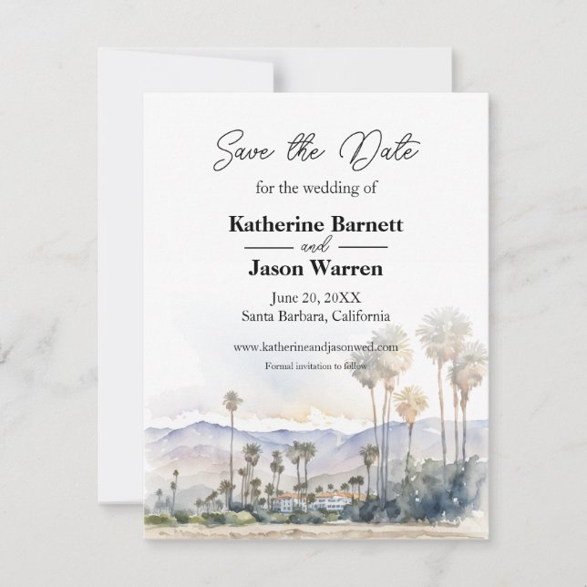 Santa Barbara Beach Watercolor Save the Date Invitation (Front)