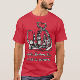 Santa Barbara CA Nautical Coordinates Boat Octopus T-Shirt