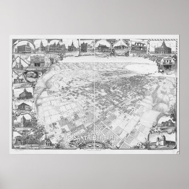 Santa Barbara California 1898 Panoramic Map Poster (Front)