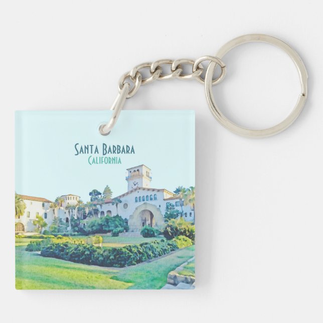 Santa Barbara California Courthouse Watercolor Key Ring (Back)