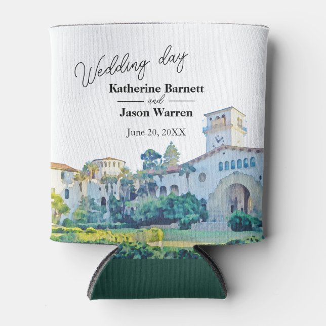 Santa Barbara Courthouse Watercolor Wedding Can Cooler (Front)