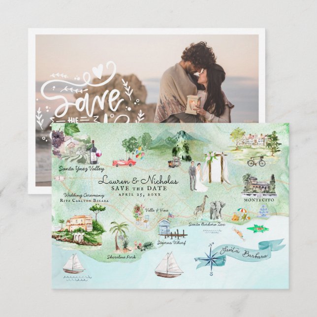 Santa Barbara | Destination Wedding Itinerary Map Invitation (Front/Back)