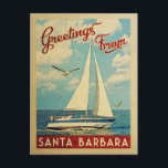 Santa Barbara Postcard Sailboat Vintage California<br><div class="desc">This Greetings From Santa Barbara California vintage travel nautical design features a boat sailing on the water with seagulls and a blue sky filled with gorgeous puffy white clouds.</div>