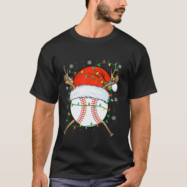 Santa Baseball Ball Xmas Lights Christmas Baseball T-Shirt (Front)