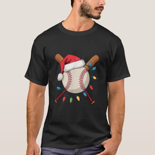 Santa Baseball Player Christmas Lights Sports Love T-Shirt (Front)