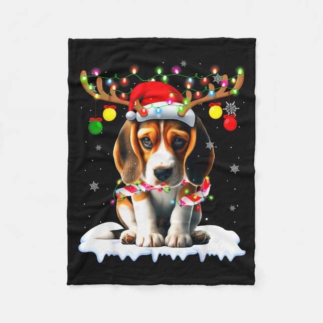 Santa Beagle Christmas Lights Funny Reindeer Dog X Fleece Blanket (Front)