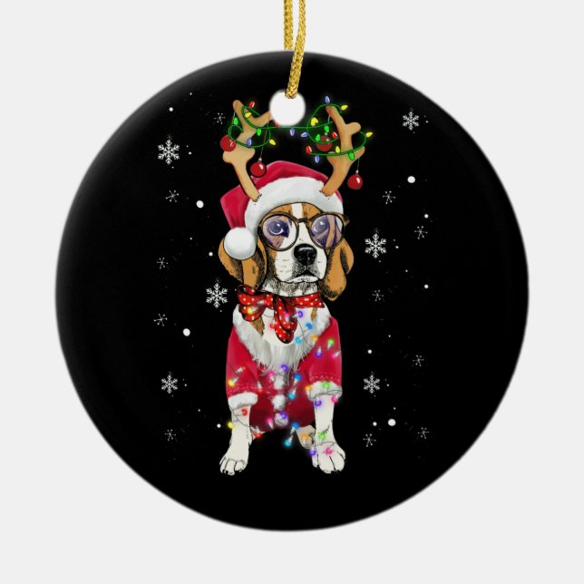 Santa Beagle reindeer Light Christmas gifts Ceramic Tree Decoration (Front)