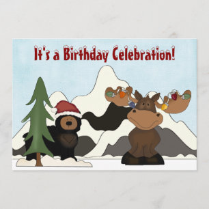 Santa Bear and Holiday Moose Mountain Birthday Invitation