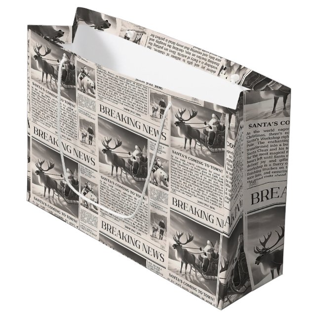 Santa Bear Breaking News Newspaper Christmas Deer Large Gift Bag (Front Angled)