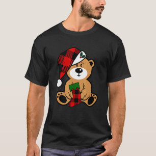 Santa Bear Buffalo Plaid Stocking And Hat Christma T-Shirt