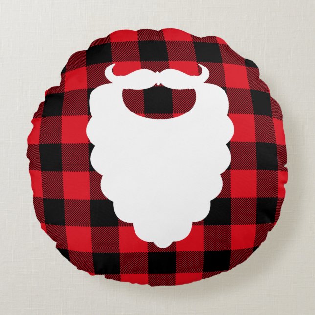 Santa Beard Red Plaid Holiday Round Cushion (Front)