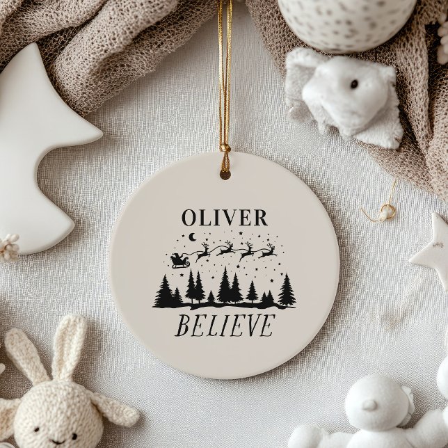 Santa believe Christmas traditional beige photo Ceramic Tree Decoration (Creator Uploaded)