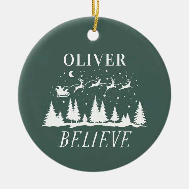 Santa believe Christmas traditional green Ceramic Tree Decoration (Front)