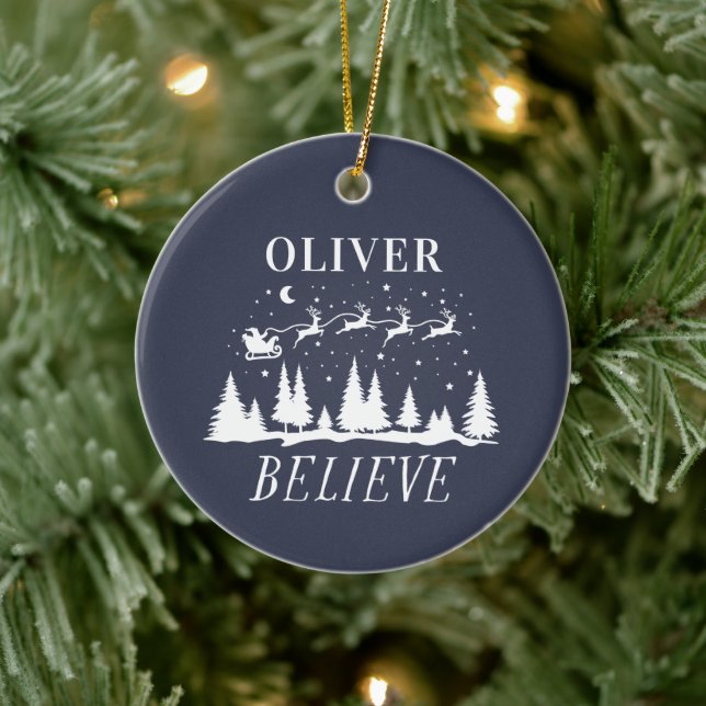 Santa believe Christmas traditional navy photo Ceramic Tree Decoration (Tree)
